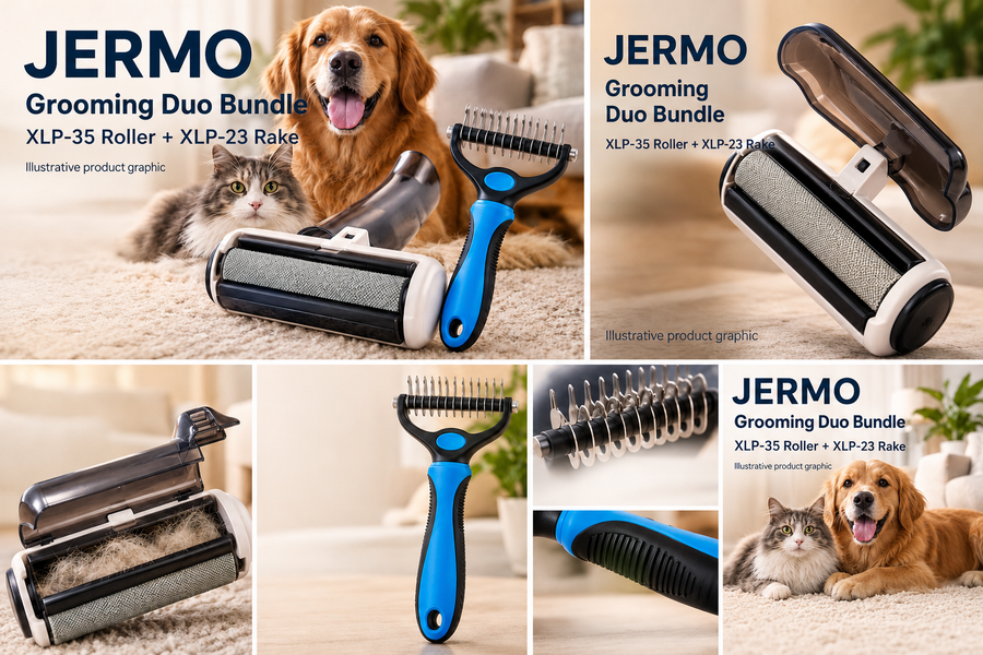 Illustrative JERMO Grooming Duo Bundle graphic showing model XLP-35 roller and model XLP-23 rake